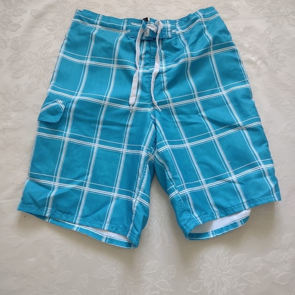 Ocean Pacific turquoise plaid swim shorts lined - Picture 1 of 7